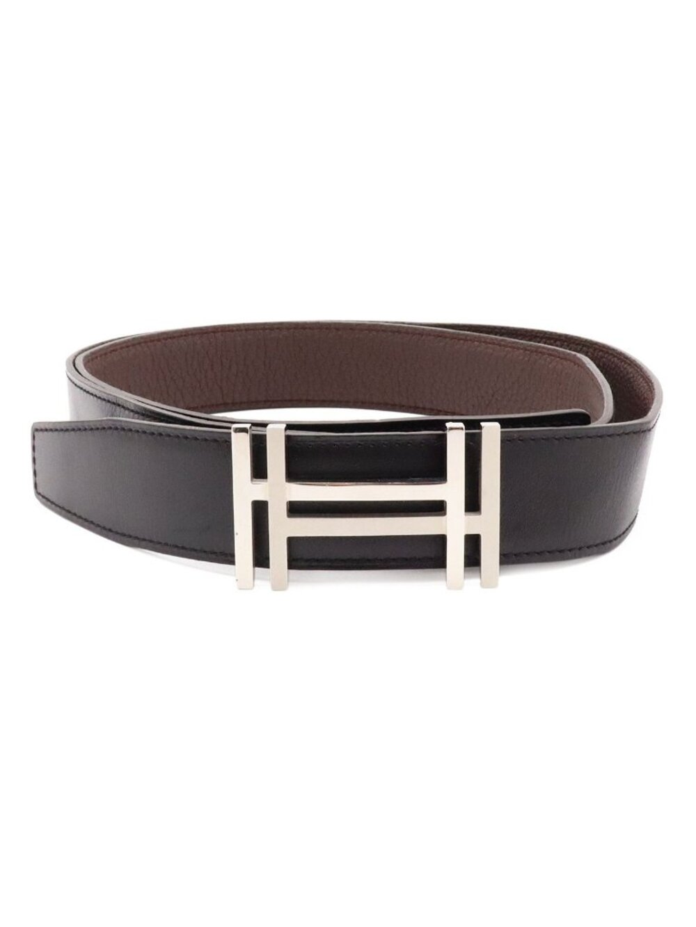 Hermes H Carre H Belt Double H Reversible Box Calf Togo Black Havana Silver
